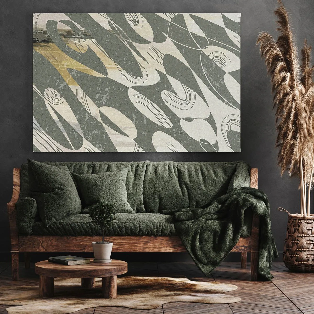 Vászonkép - Dinamikus formák zöld és arany árnyalatokban - 70x50cm - Ritmikus absztrakció - Modern fali dekoráció nappalihoz és hálószobához ARTTOR