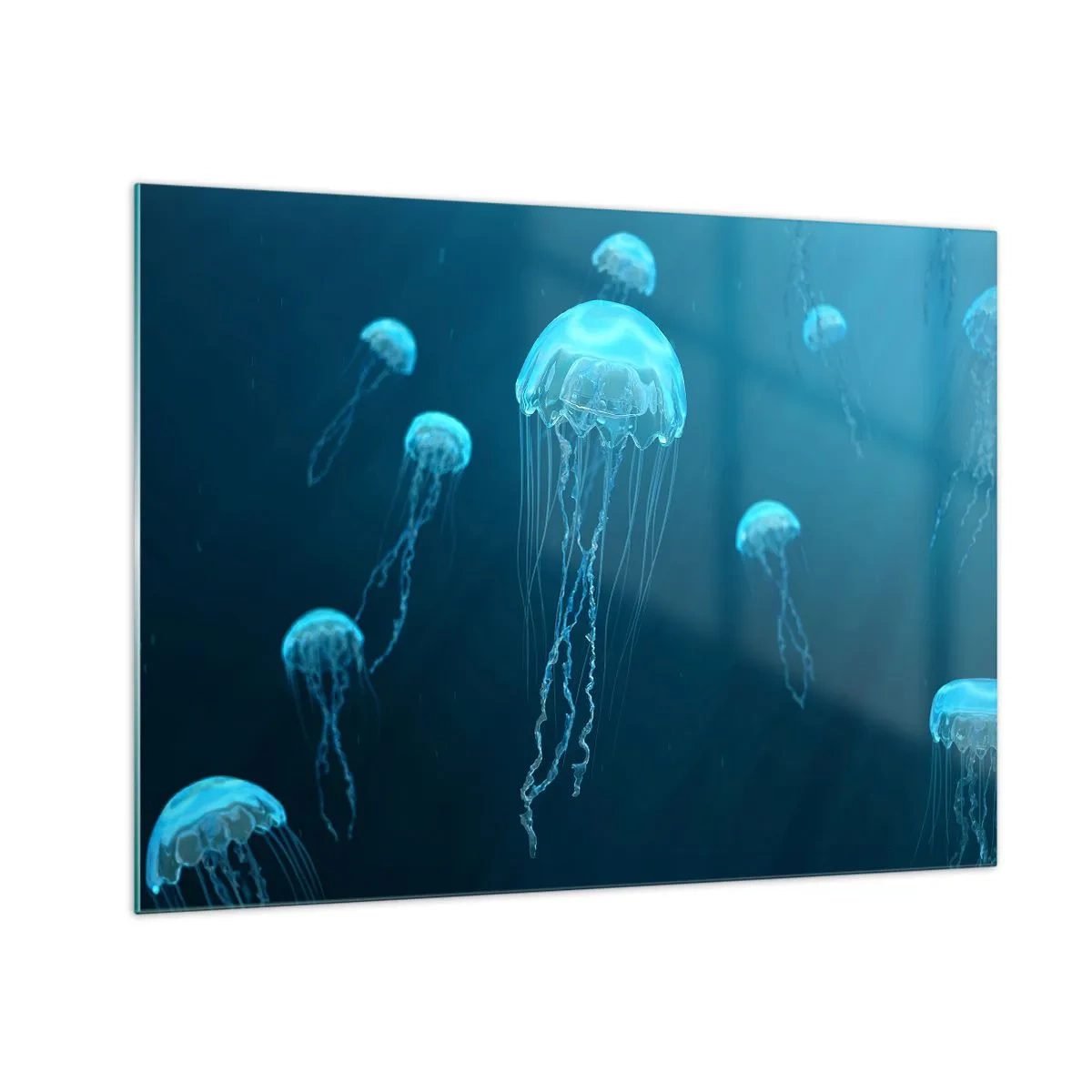 Üveg kép - Medúza lebeg a mélykék óceánban - 70x50cm - Óceáni tánc - Modern fali dekoráció nappalihoz és hálószobához ARTTOR