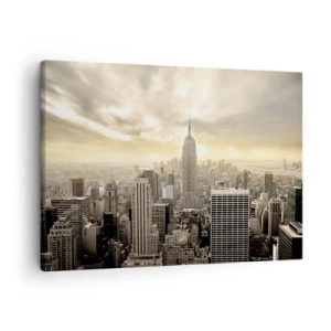 Vászonkép - Panoráma a városra, kilátással az Empire State Buildingre - 70x50cm - Szürkéből szőtt New York - Modern fali dekoráció nappalihoz és hálószobához ARTTOR