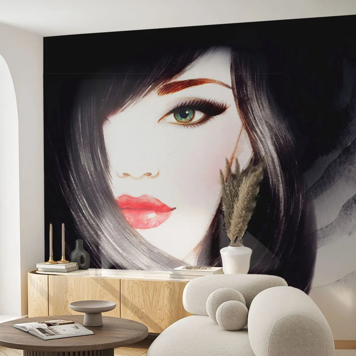 Fotótapéta Premium Sand - Zafír tekintet - Női Arc, vörös ajkak, Zöld szemek - 100x70 cm