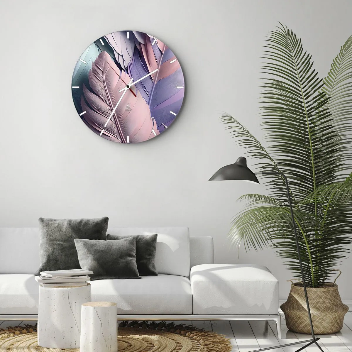 Falióra, Óra - Színes tollak pasztell árnyalatokban az órán - 30x30cm - Madár sikk - Modern fali dekoráció nappalihoz, konyhához és hálószobához ARTTOR