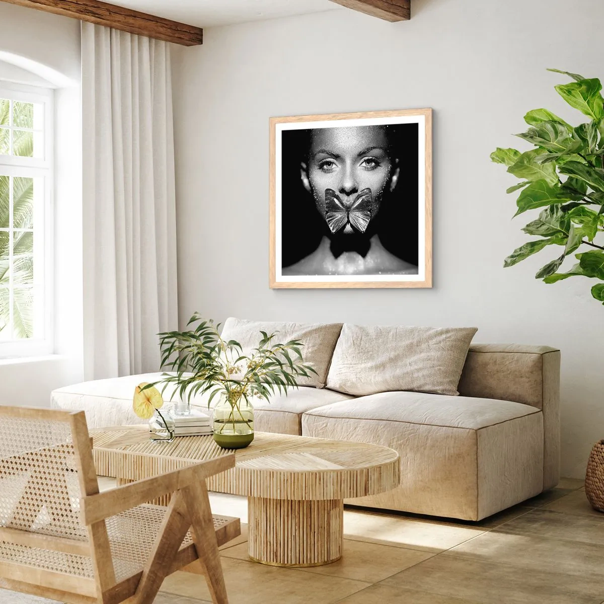 Poszter világos tölgy keretben - Pillangó csókja - 40x40 cm