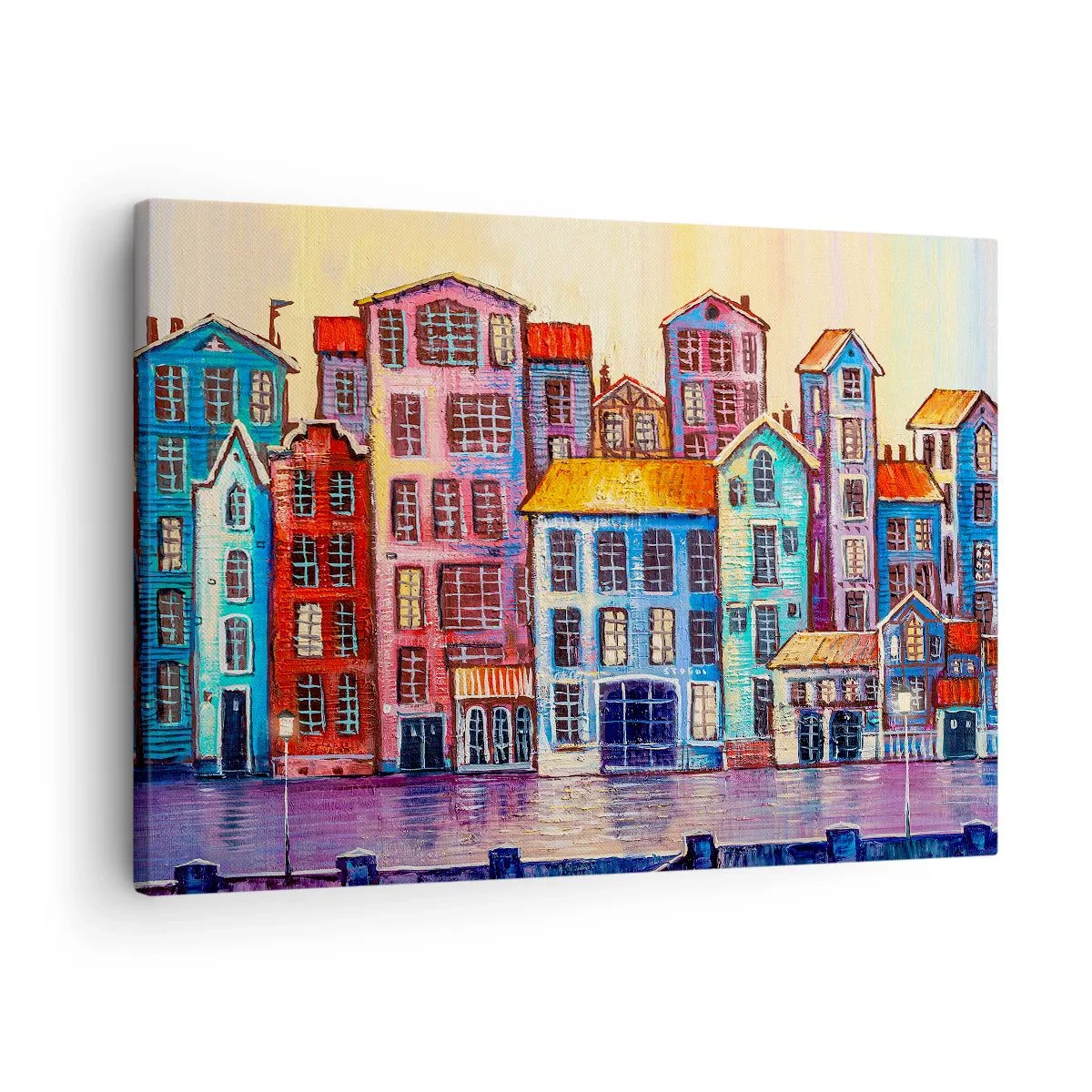 Vászonkép - Színes bérházak a vízparton művészi stílusban - 70x50cm - Egy város, mint egy tündérmese - Modern fali dekoráció nappalihoz és hálószobához ARTTOR