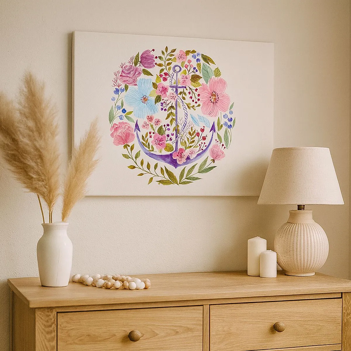 Vászonkép - Egy horgony, amelyet világos háttér előtt akvarellvirágok vesznek körül - 70x50cm - Egy tengerész jó éjszakai alvása - Modern fali dekoráció nappalihoz és hálószobához ARTTOR