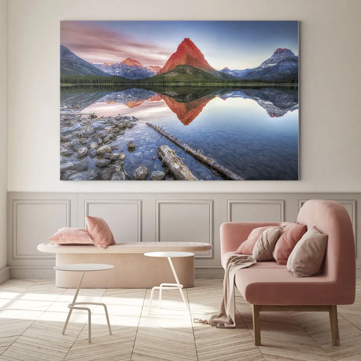 Üveg kép - Egy hegycsúcs tükröződik egy nyugodt tóban - 70x50cm - Forróság és hideg - Modern fali dekoráció nappalihoz és hálószobához ARTTOR