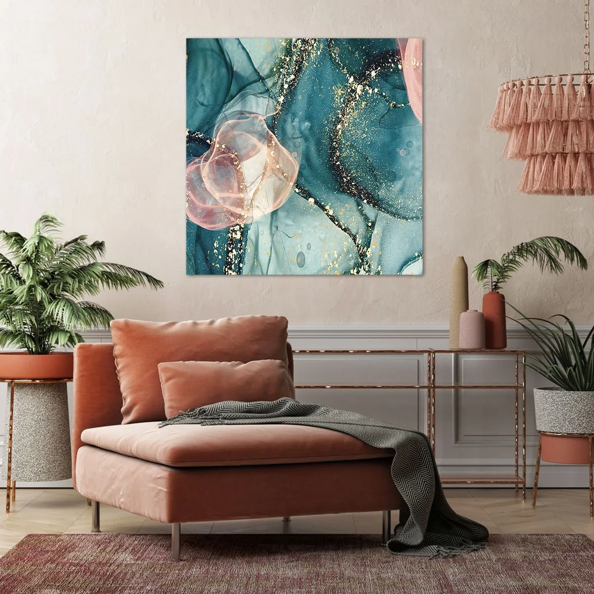 Vászonkép - Selyemkék, tüll rózsaszín - 70x70 cm