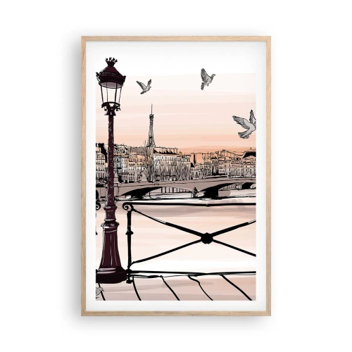 Poszter világos tölgy keretben - Párizs háztetői fölött - 61x91 cm