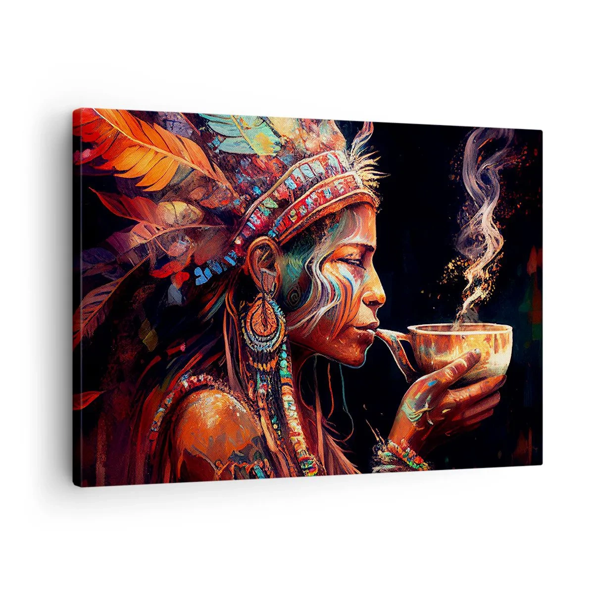 Vászonkép - Egy színes etnikai stílusú figura egy csésze gőzölgő itallal - 70x50cm - Egy varázslatos rituálé - Modern fali dekoráció nappalihoz és hálószobához ARTTOR