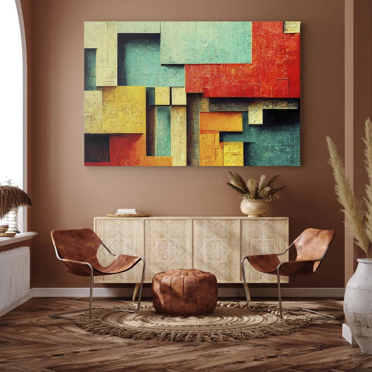 Vászonkép - Absztrakt geometriai formák élénk színekben - 70x50cm - A derékszögek fesztiválja - Modern fali dekoráció nappalihoz és hálószobához ARTTOR