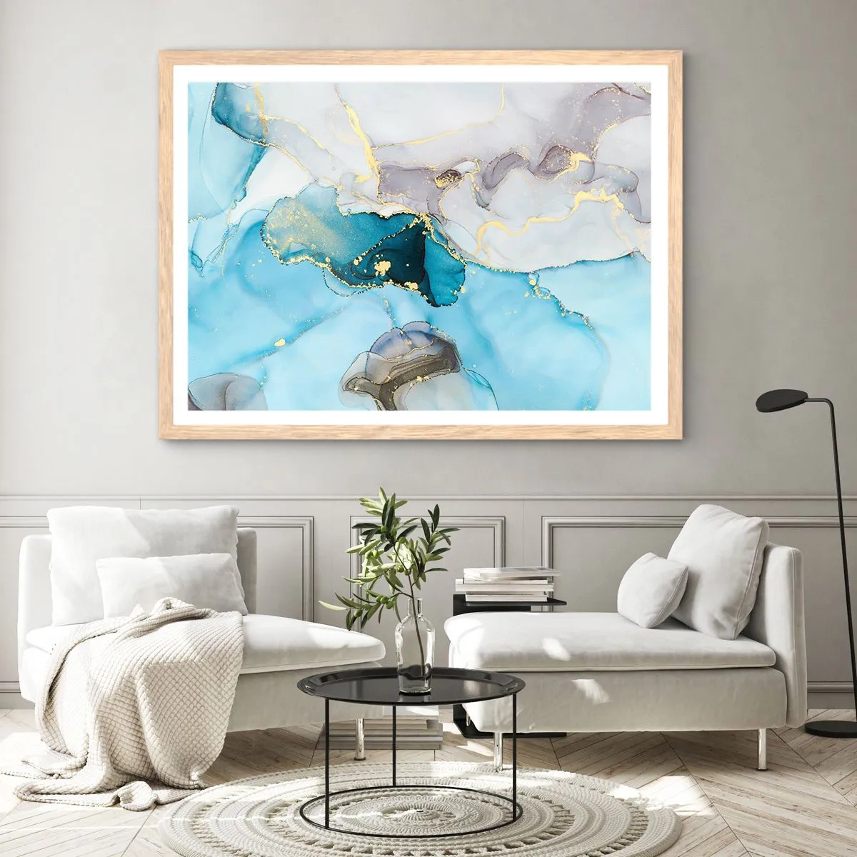 Poszter világos tölgy keretben - Tanulmány a szürke és a türkiz találkozásáról - 50x40 cm