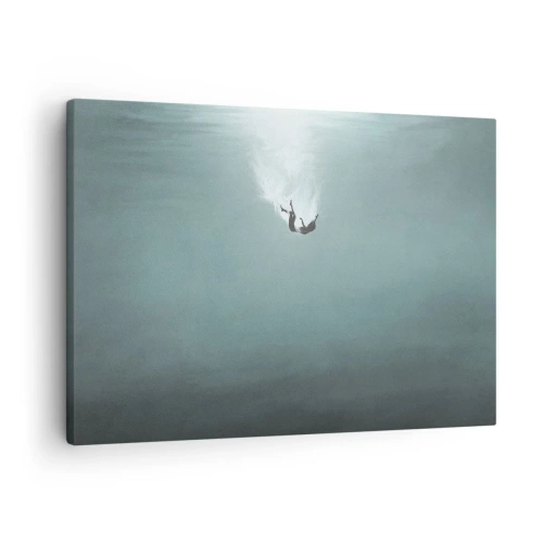 Vászonkép - Egy alak mély, türkizkék vízbe merülve - 70x50cm - Az óceán ölelésében - Modern fali dekoráció nappalihoz és hálószobához ARTTOR