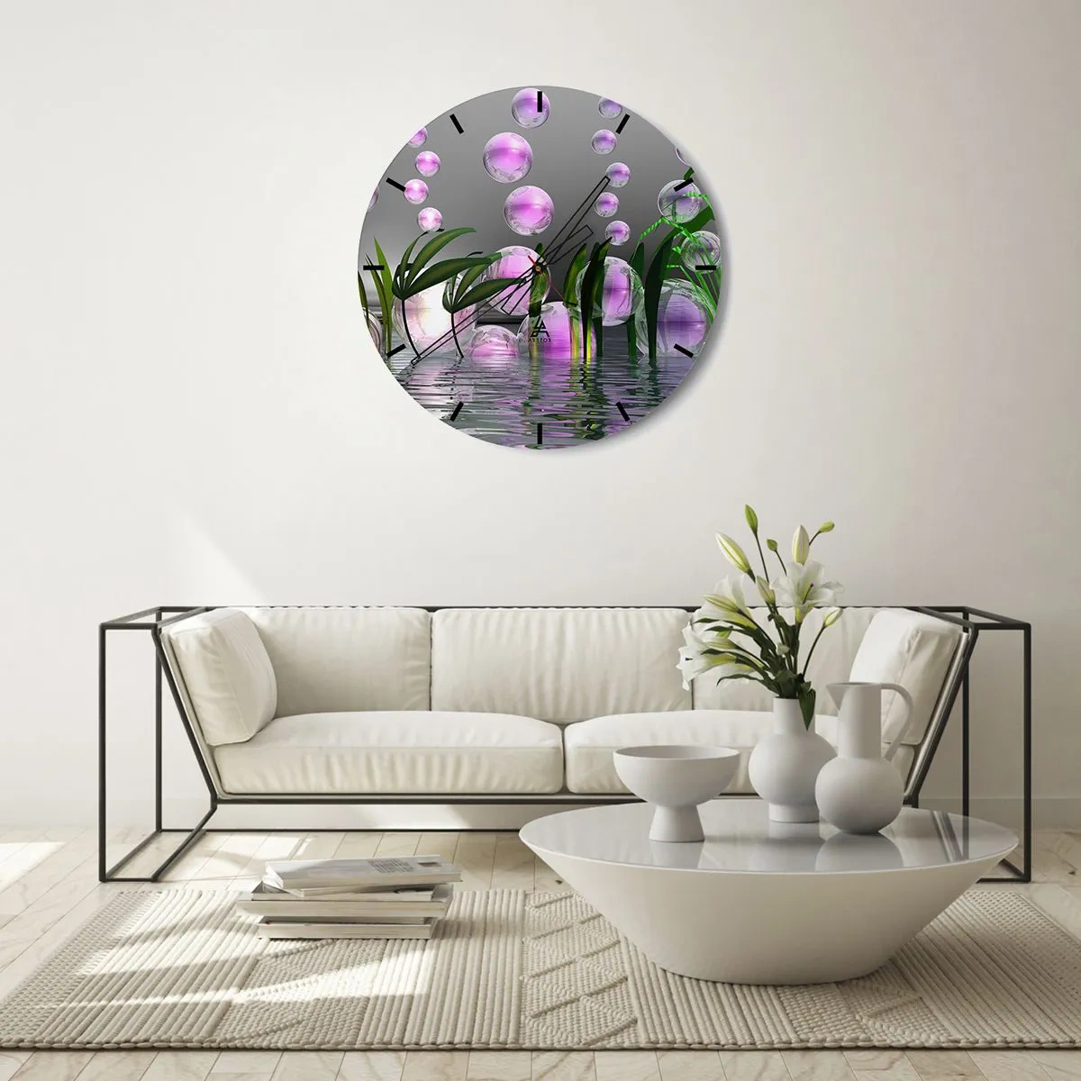 Falióra, Óra - Absztrakt buborékok a vízben zöld növényekkel - 30x30cm - A könnyedség és az élet tükröződő kompozíciója - Modern fali dekoráció nappalihoz, konyhához és hálószobához ARTTOR