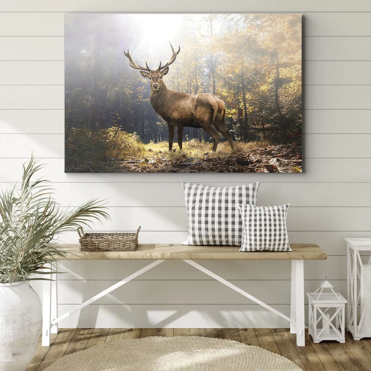 Vászonkép - Szarvas az őszi erdőben napsugarakkal - 70x50cm - Teljes fenségben - Modern fali dekoráció nappalihoz és hálószobához ARTTOR