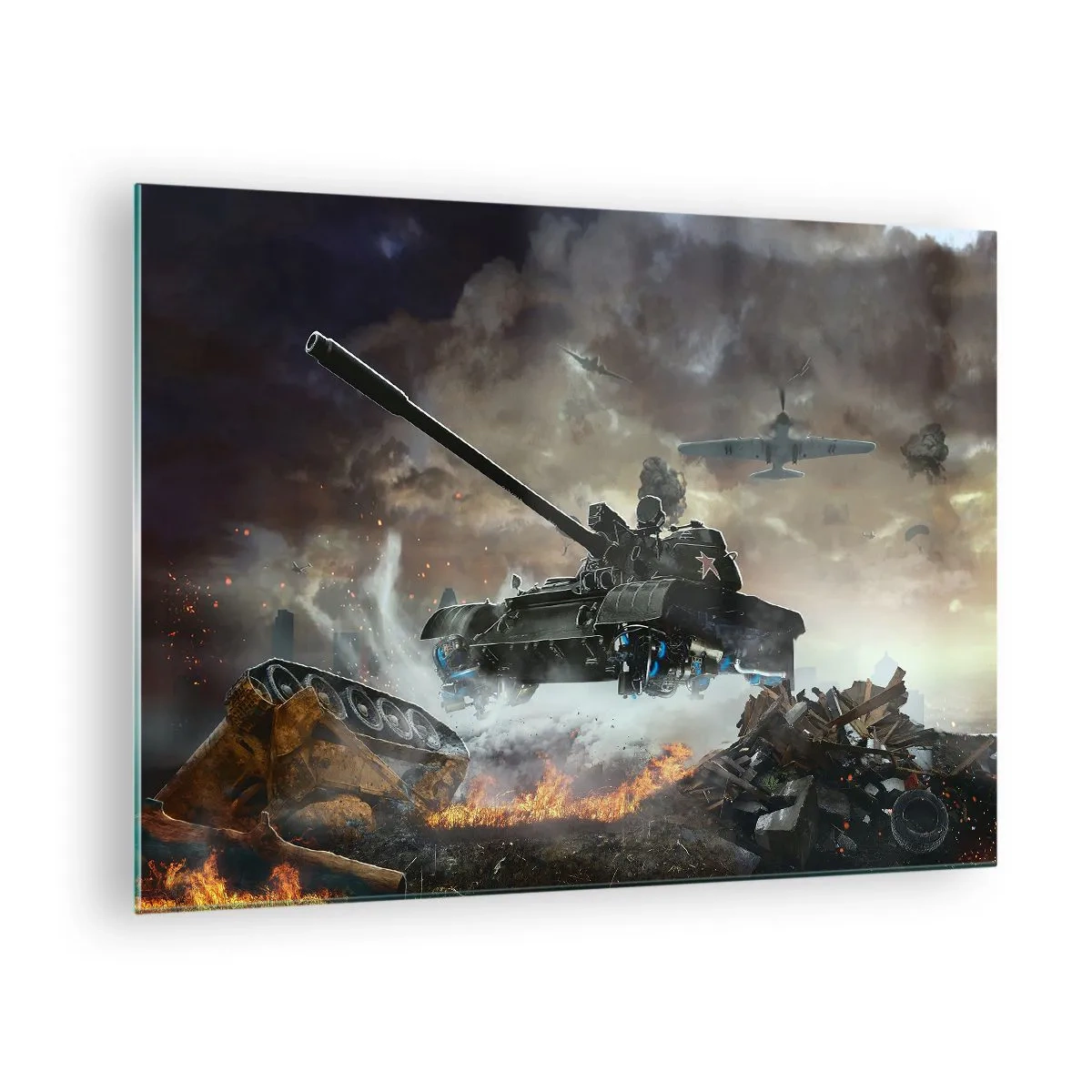 Üveg kép - Egy tank akcióban egy drámai csatatér hátterében. - 70x50cm - A csata szörnyű és gyönyörű - Modern fali dekoráció nappalihoz és hálószobához ARTTOR