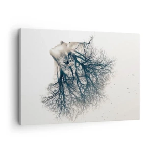 Vászonkép - Nő és fák kreatív sziluettje - 70x50cm - Hallgatva a fa suttogását - Modern fali dekoráció nappalihoz és hálószobához ARTTOR