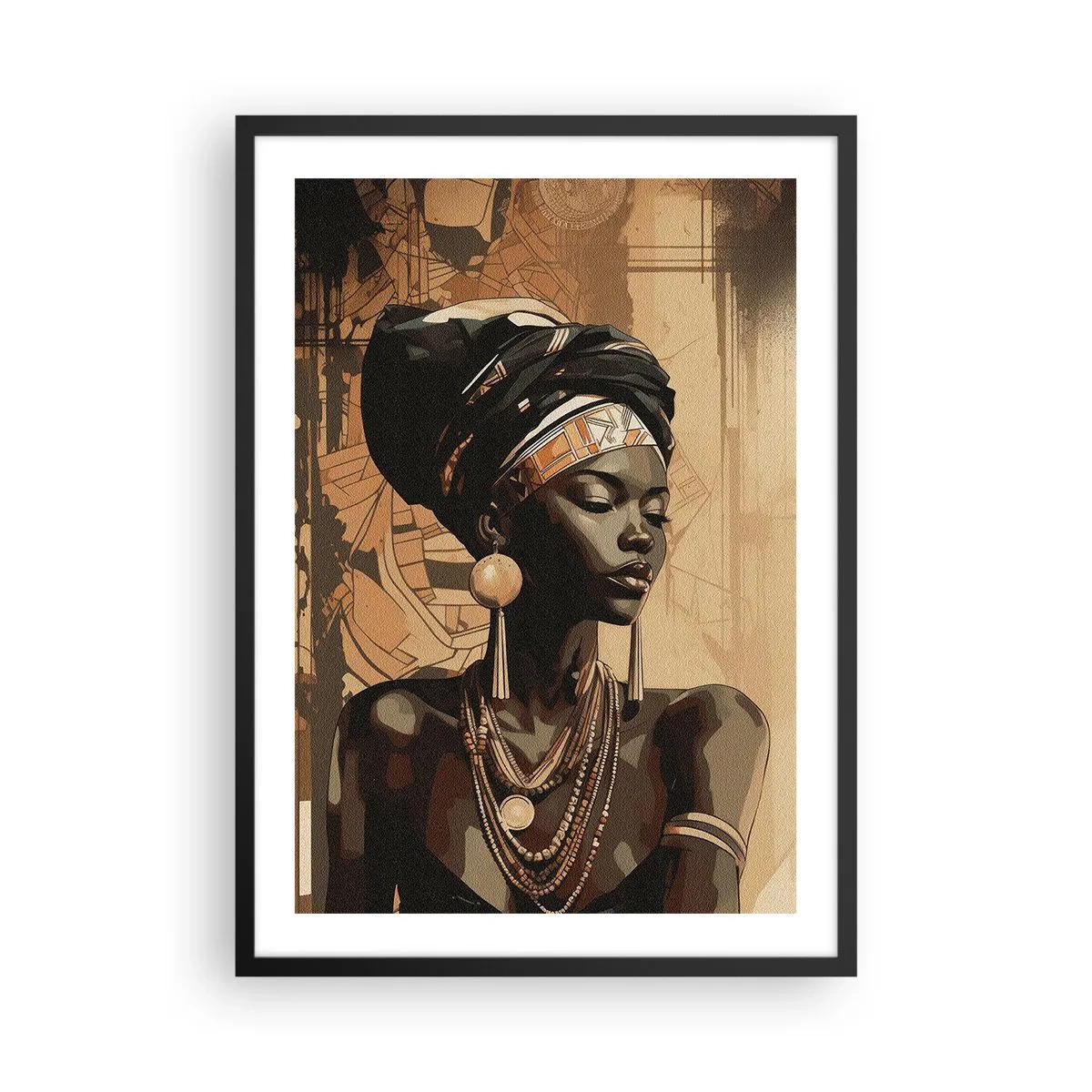 Poszter fehér keretben - Portré egy afrikai nőről, aki hagyományos díszeket visel - 50x70cm - Afrikai fenség - Modern fali dekoráció nappalihoz és hálószobához ARTTOR