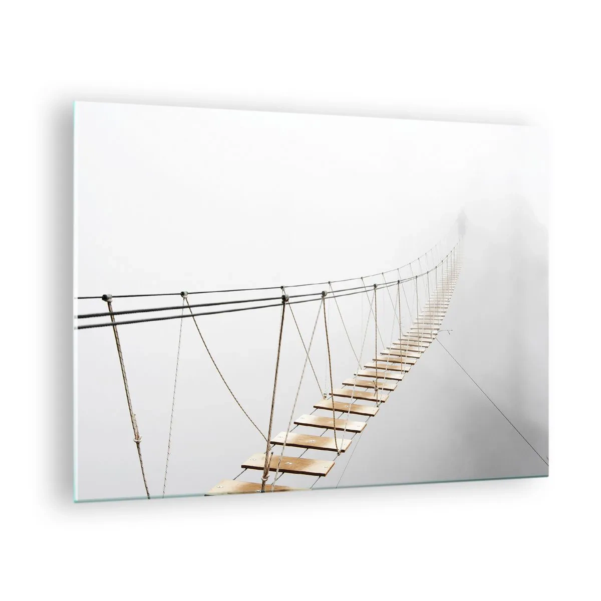 Üveg kép - Egy függőhíd a ködben, amely az ismeretlenbe vezet - 70x50cm - Hová vezet? - Modern fali dekoráció nappalihoz és hálószobához ARTTOR