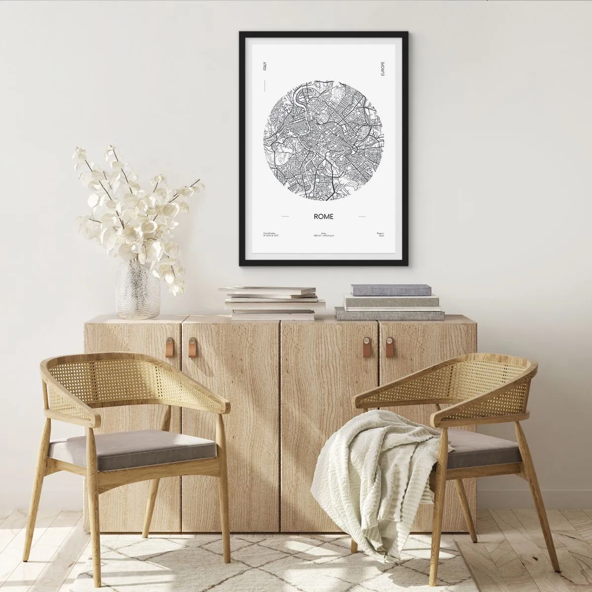 Poszter fehér keretben - Róma minimalista fekete-fehér térképe. - 50x70cm - Róma anatómiája - Modern fali dekoráció nappalihoz és hálószobához ARTTOR