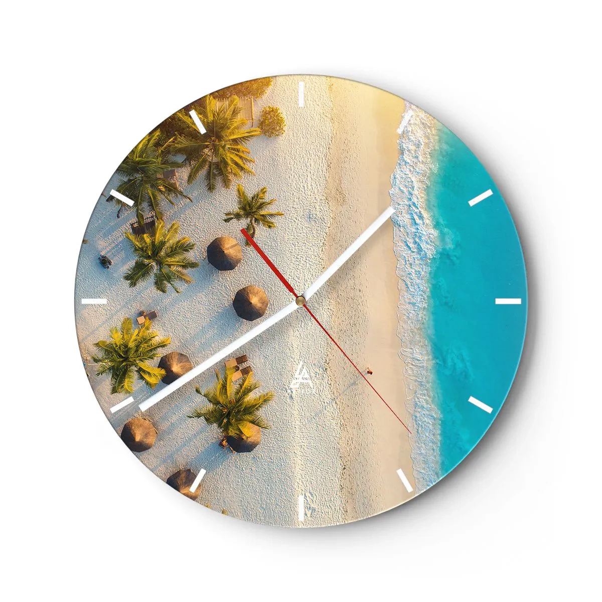 Falióra, Óra - Felülnézetből a strandra pálmafákkal és türkizkék tengerrel - 30x30cm - Üdvözöljük a paradicsomban - Modern fali dekoráció nappalihoz, konyhához és hálószobához ARTTOR