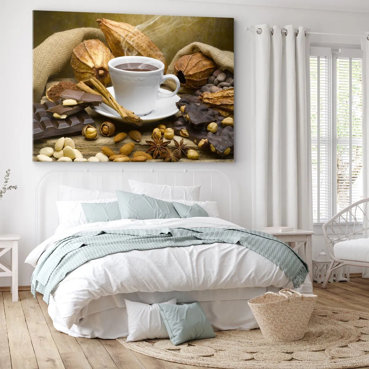 Vászonkép - Egy csésze forró csokoládé kakaóval és fahéjjal körülvéve - 70x50cm - Izgalmat keresőknek - Modern fali dekoráció nappalihoz és hálószobához ARTTOR