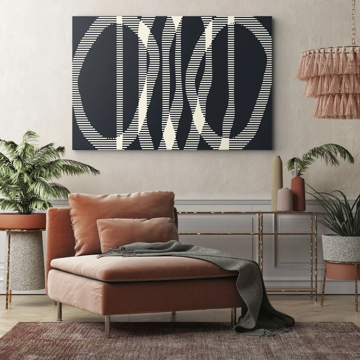 Vászonkép - Geometriai vonalak világos árnyalatokban sötét háttéren - 70x50cm - Sötétség megtörése kísérlete - Modern fali dekoráció nappalihoz és hálószobához ARTTOR