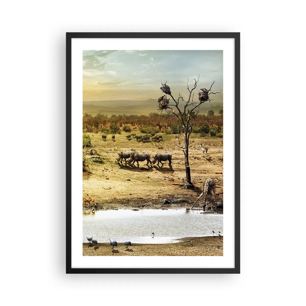 Poszter fehér keretben - Szavanna orrszarvúkkal és egy itatóhellyel - 50x70cm - „Z Edenu zaś wypływała rzeka…" - Modern fali dekoráció nappalihoz és hálószobához ARTTOR