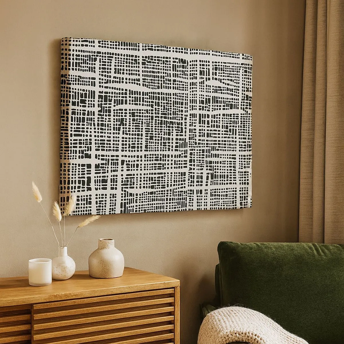 Vászonkép - Világos háttér előtt egy rácsra emlékeztető geometriai minta - 70x50cm - Szőtt kompozíció - Modern fali dekoráció nappalihoz és hálószobához ARTTOR