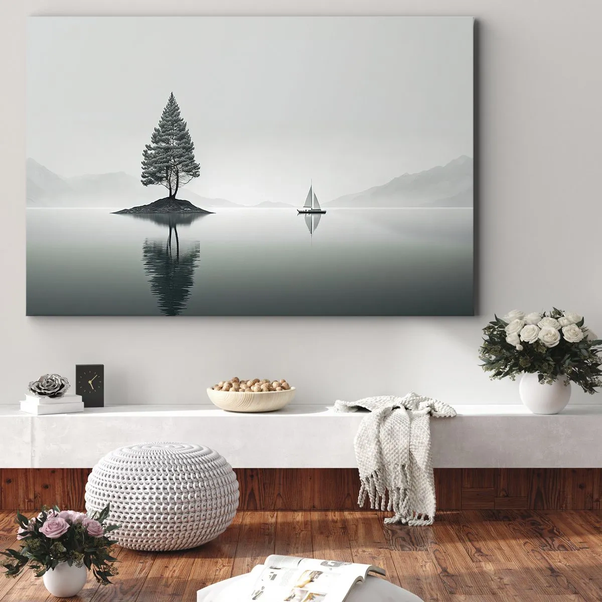 Vászonkép - Egy minimalista tájkép egy szigeten álló fával és egy vitorláshajóval. - 70x50cm - Egy álom - Modern fali dekoráció nappalihoz és hálószobához ARTTOR