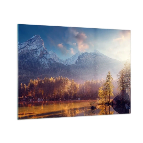 Üveg kép - Aranyló reggeli fény egy erdővel körülvett hegyi tó felett - 70x50cm - A hegyekben és völgyekben - Modern fali dekoráció nappalihoz és hálószobához ARTTOR
