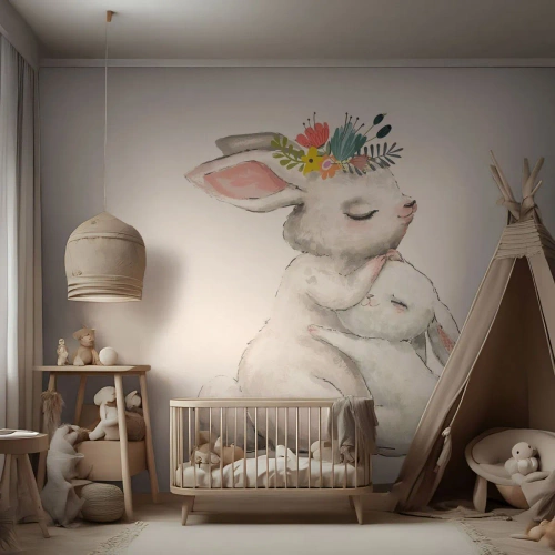 Öntapadós Fotótapéta Deluxe Sticker - Nincs olyan, mint anyánál - Gyerekeknek, Nyúl, Anya Gyermekével - 500x350 cm