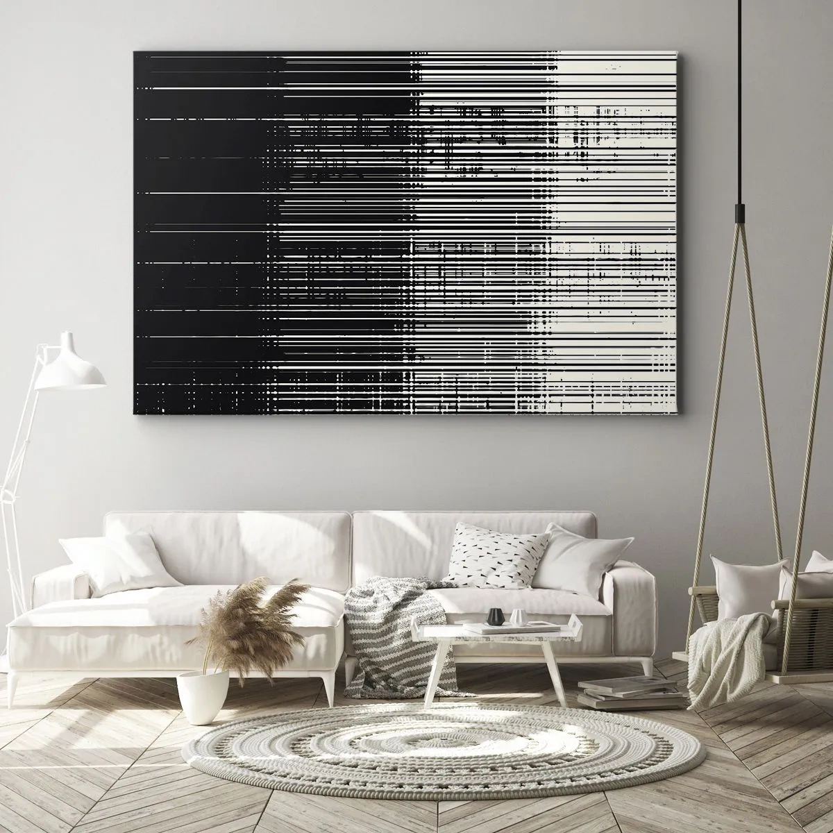 Vászonkép - Kontrasztos fekete-fehér vonalak absztrakt kompozíciója - 70x50cm - Hullámok és rezgések - Modern fali dekoráció nappalihoz és hálószobához ARTTOR