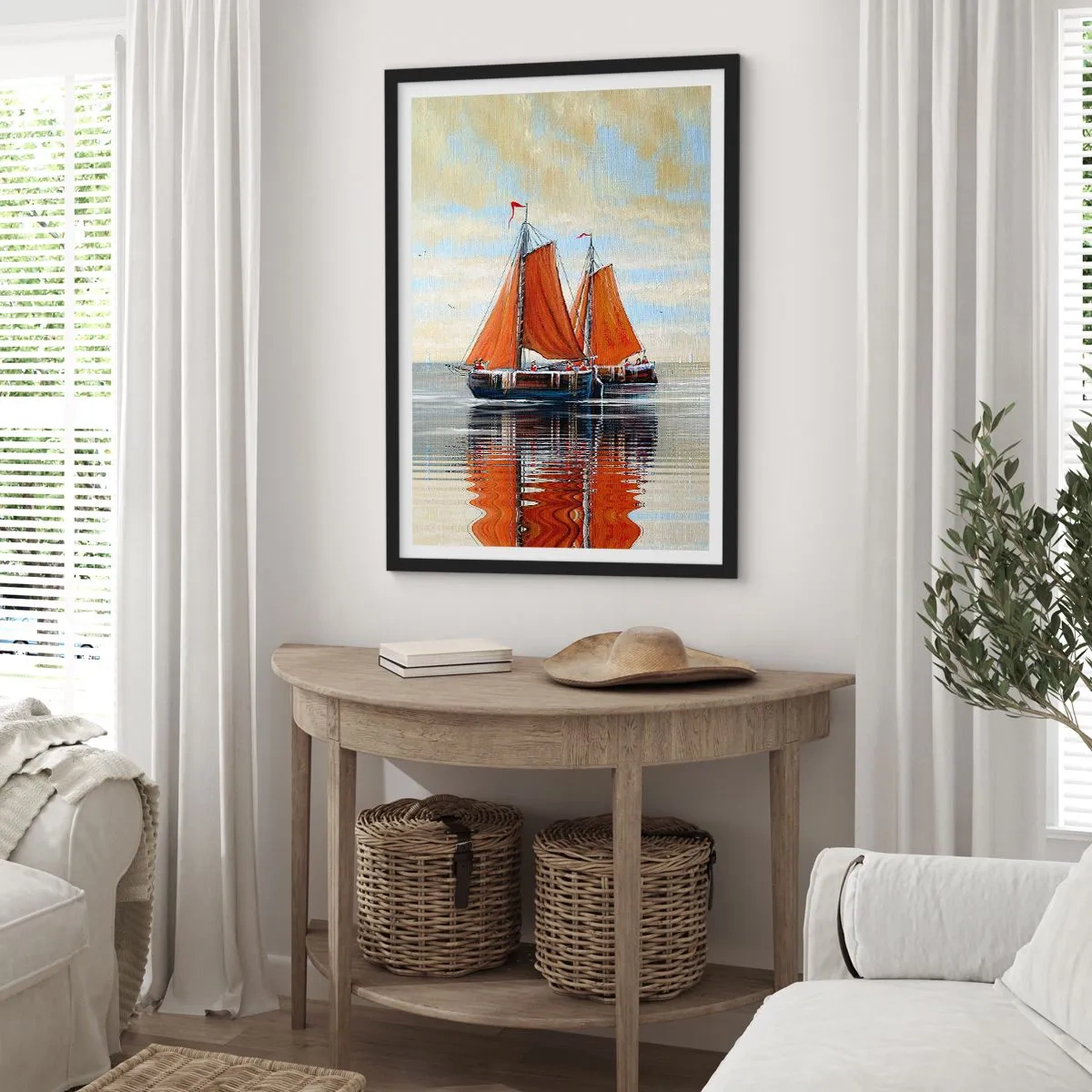 Poszter fehér keretben - Vitorlások nyugodt vízen, piros vitorlákkal - 50x70cm - Hé, vitorla, tengerész… - Modern fali dekoráció nappalihoz és hálószobához ARTTOR