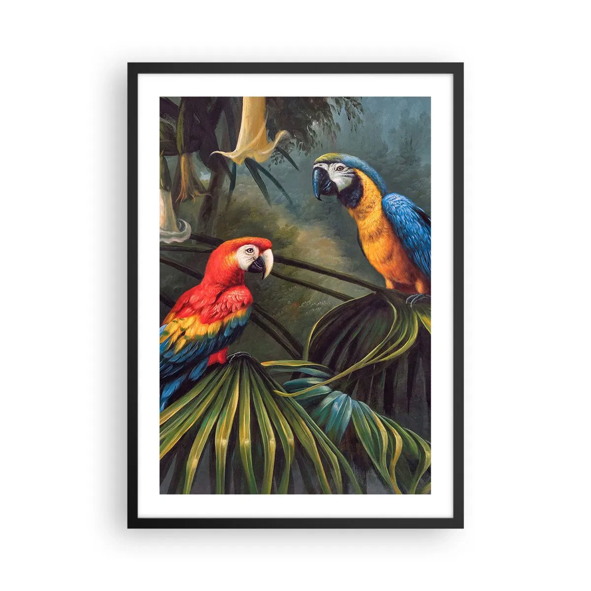 Poszter fehér keretben - Trópusi papagájok buja növényzettel körülvéve - 50x70cm - Romantika a trópusokon - Modern fali dekoráció nappalihoz és hálószobához ARTTOR
