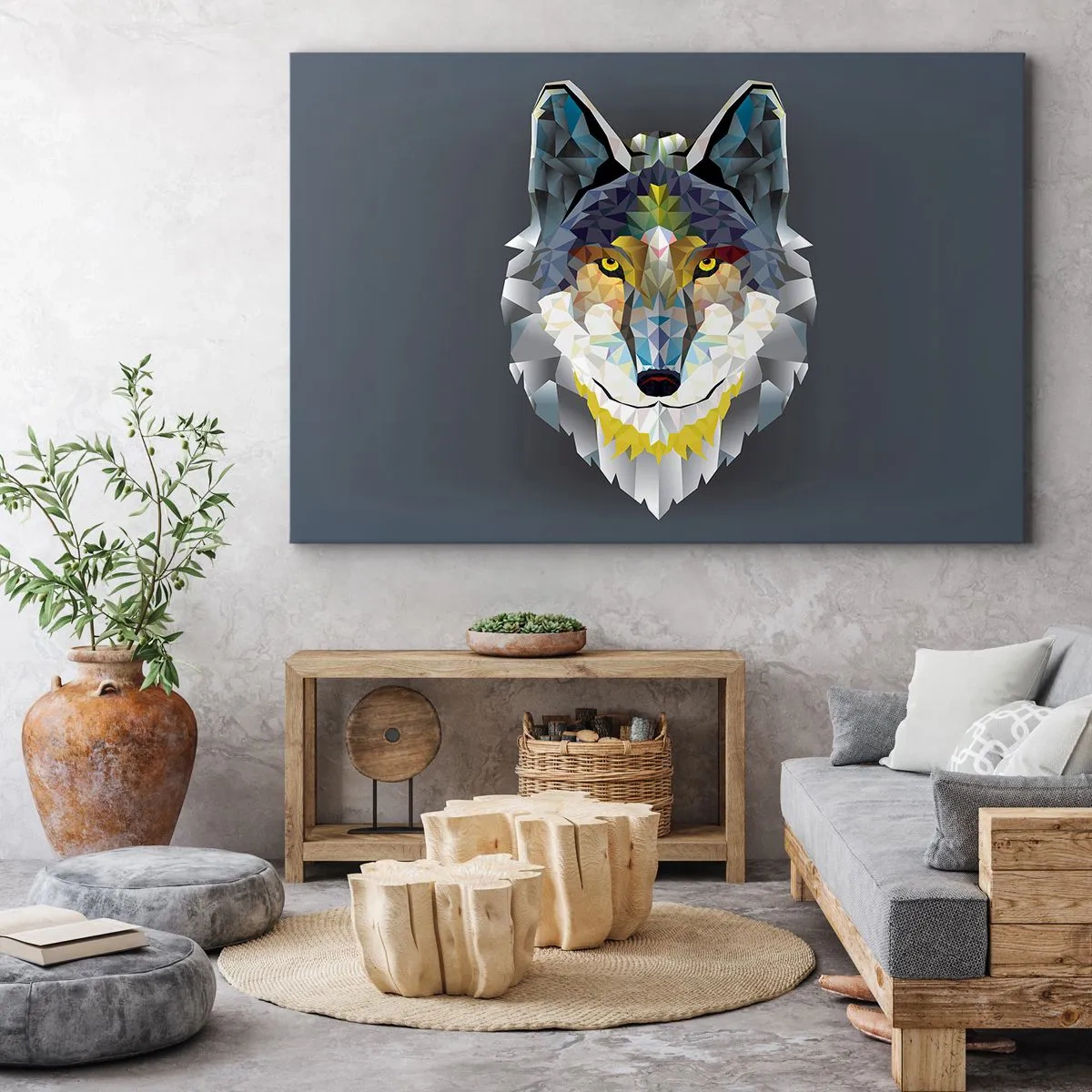 Vászonkép - Farkas geometrikus képe szürke háttéren - 70x50cm - Ne fesd az ördögöt a falra - Modern fali dekoráció nappalihoz és hálószobához ARTTOR