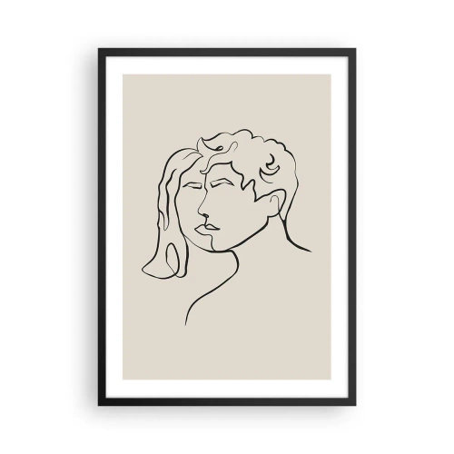 Poszter fehér keretben - Egy pár arcának minimalista vázlata bézs háttér előtt. - 50x70cm - És egységgé vált - Modern fali dekoráció nappalihoz és hálószobához ARTTOR