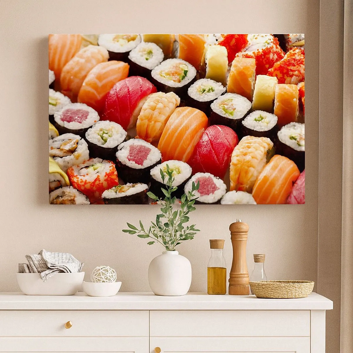 Vászonkép - Színes sushi sorokban elrendezve, különféle feltétekkel - 70x50cm - Ázsia színei és ízei - Modern fali dekoráció nappalihoz és hálószobához ARTTOR