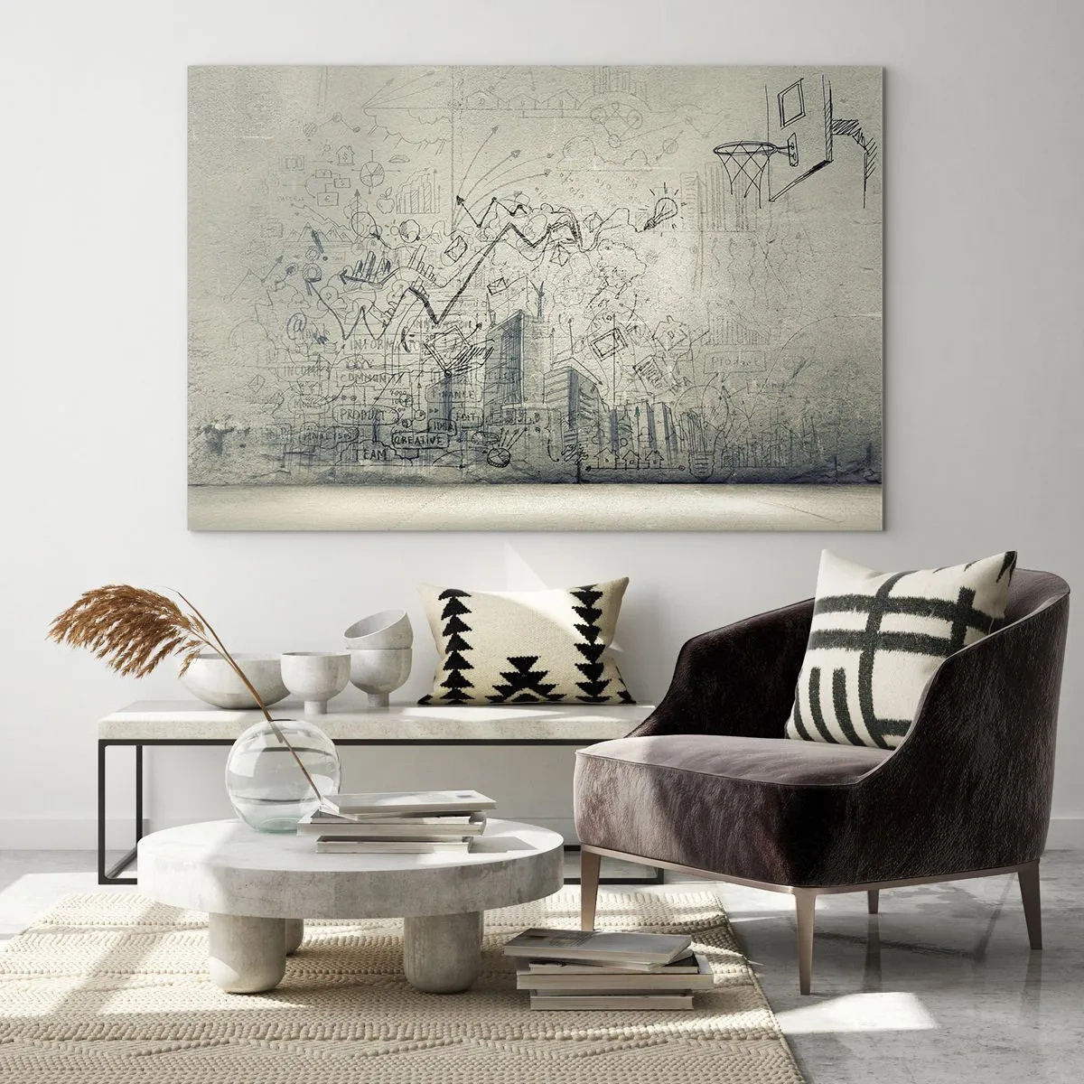 Üveg kép - Grafikus vázlat üzleti és kreatív elemekkel - 70x50cm - A remek városi életem - Modern fali dekoráció nappalihoz és hálószobához ARTTOR