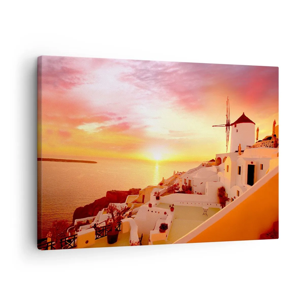 Vászonkép - Santorini naplementekor egy szélmalommal - 70x50cm - Szétfolyni a fehérben és aranyban - Modern fali dekoráció nappalihoz és hálószobához ARTTOR