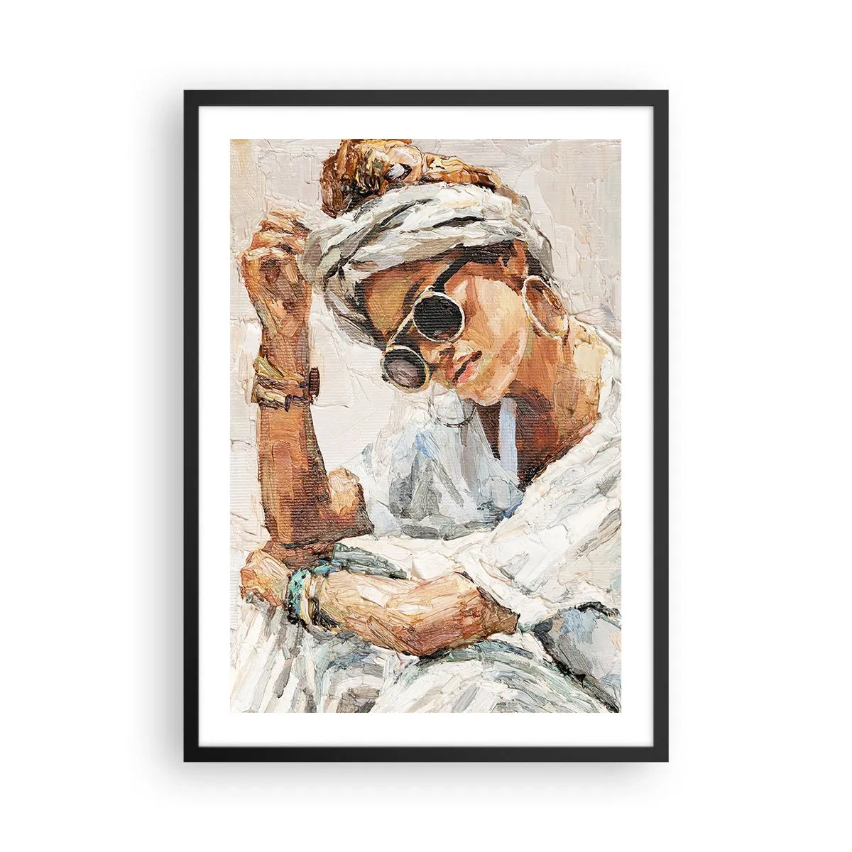 Poszter fehér keretben - Szemüveges, turbános nő portréja impresszionista stílusban - 50x70cm - Portré teljes napfényben - Modern fali dekoráció nappalihoz és hálószobához ARTTOR