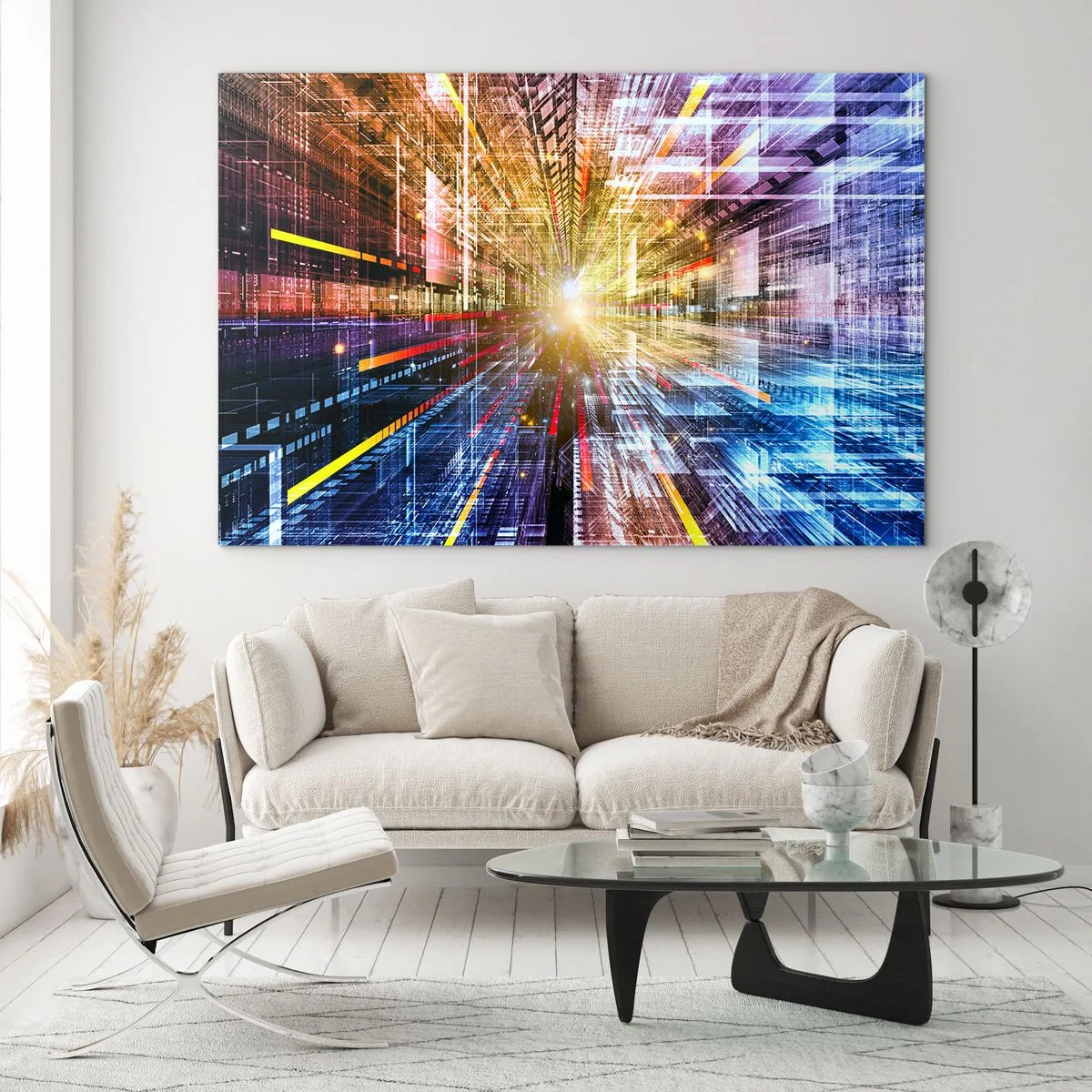 Üveg kép - Absztrakt vízió színes vonalakkal és fénnyel - 70x50cm - Fényes folyosó - Modern fali dekoráció nappalihoz és hálószobához ARTTOR