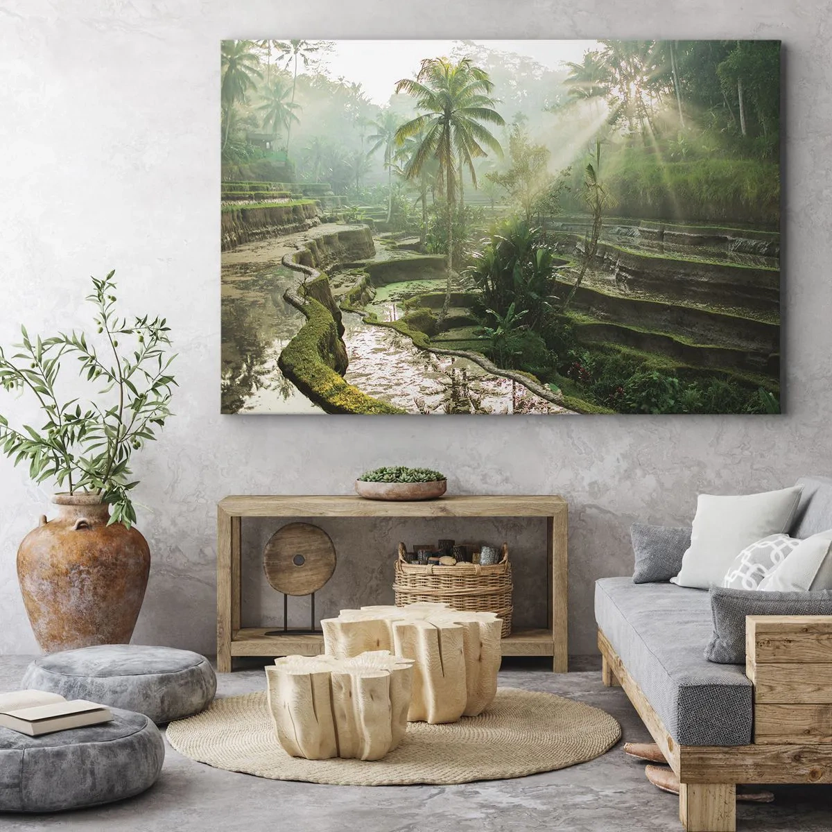 Vászonkép - Rizsföldek pálmafákkal a nap sugaraiban - 70x50cm - Felnőni a napon - Modern fali dekoráció nappalihoz és hálószobához ARTTOR