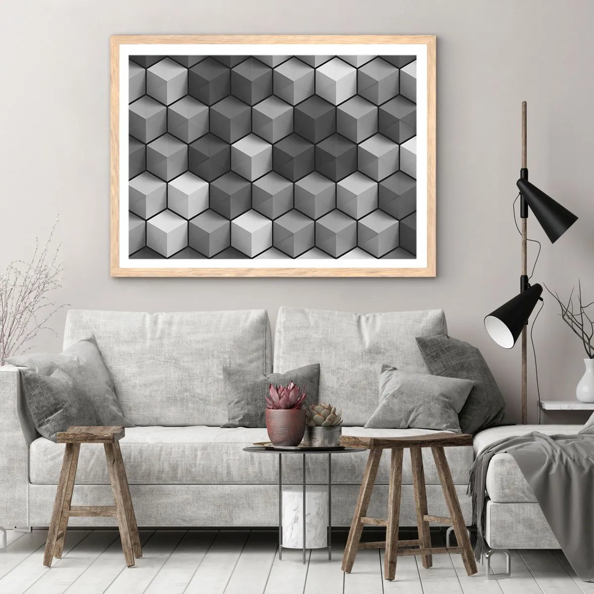 Poszter világos tölgy keretben - Kubista kirakós - 70x50 cm