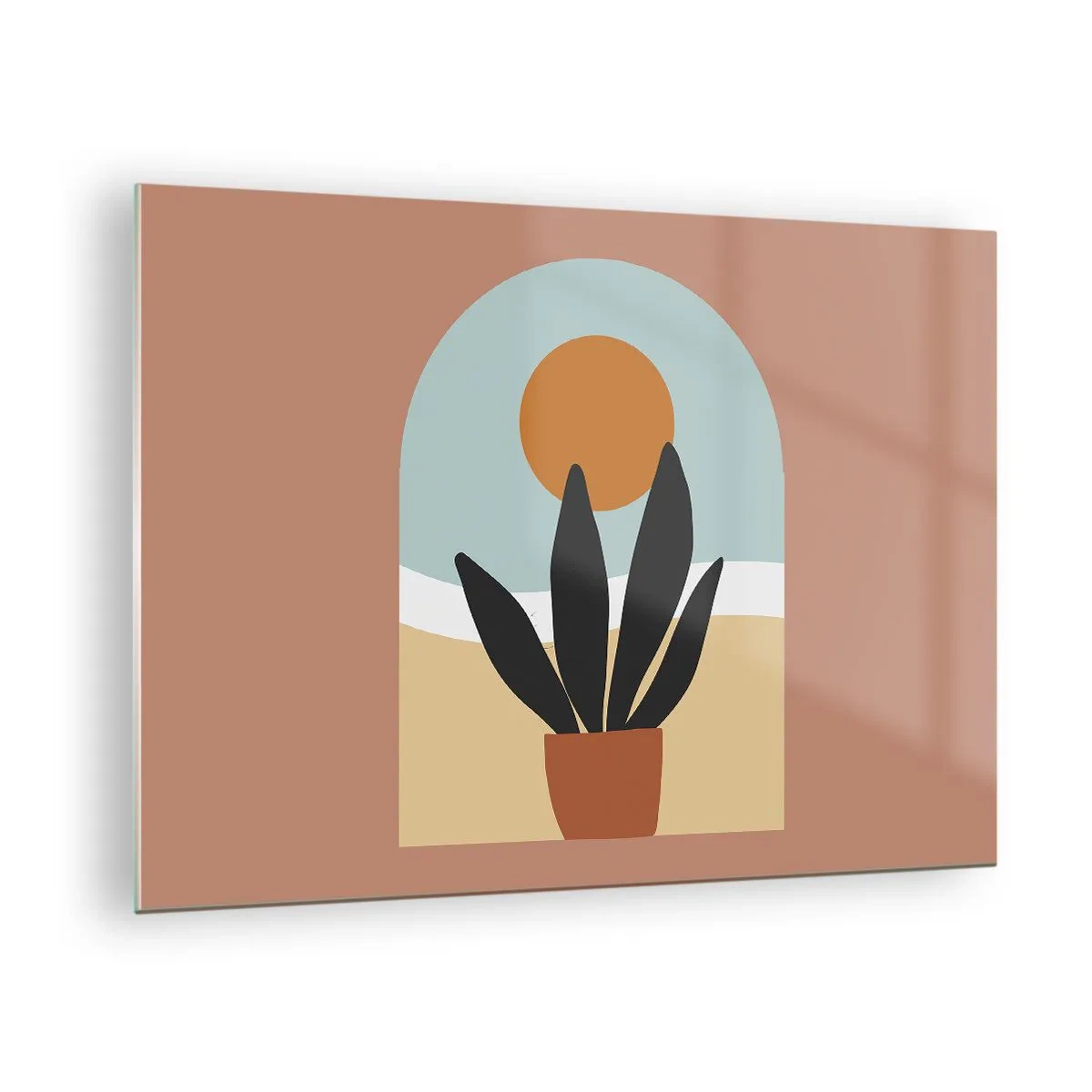 Üveg kép - Egy absztrakt jelenet egy cserepes növénnyel és a háttérben látható nappal, pasztell színekben. - 70x50cm - Kis örömök - Modern fali dekoráció nappalihoz és hálószobához ARTTOR