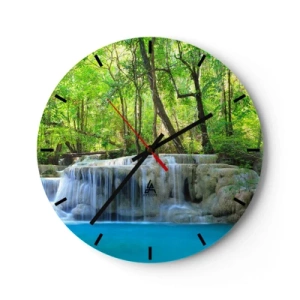 Falióra, Óra - Zöld erdővel és türkizkék vízzel körülvett vízesés - 30x30cm - Türkizbe és zöldbe merülni - Modern fali dekoráció nappalihoz, konyhához és hálószobához ARTTOR
