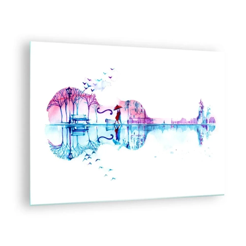 Üveg kép - Gitár alakú tájkép akvarell stílusban - 70x50cm - Eső dalokat hozok nektek - Modern fali dekoráció nappalihoz és hálószobához ARTTOR