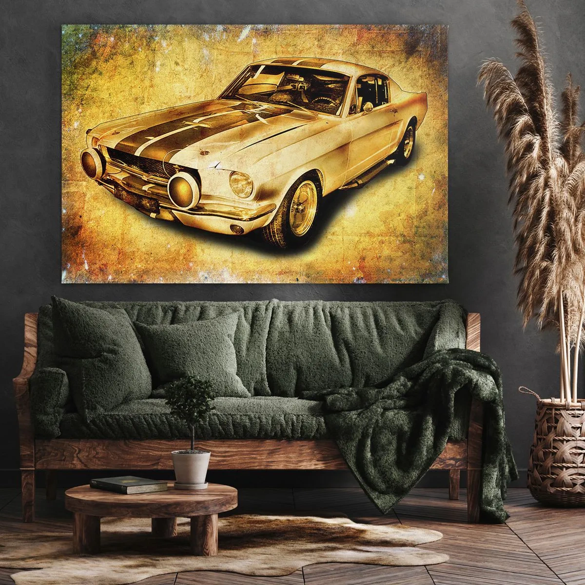 Vászonkép - Klasszikus retro sportautó egy vintage háttérrel, arany árnyalatokban - 70x50cm - Őrült 70-es évek - Modern fali dekoráció nappalihoz és hálószobához ARTTOR