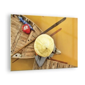 Üveg kép - Felülnézetből egy hajó és egy kúpos kalapot viselő személy - 70x50cm - Élet a Sárga-folyón - Modern fali dekoráció nappalihoz és hálószobához ARTTOR