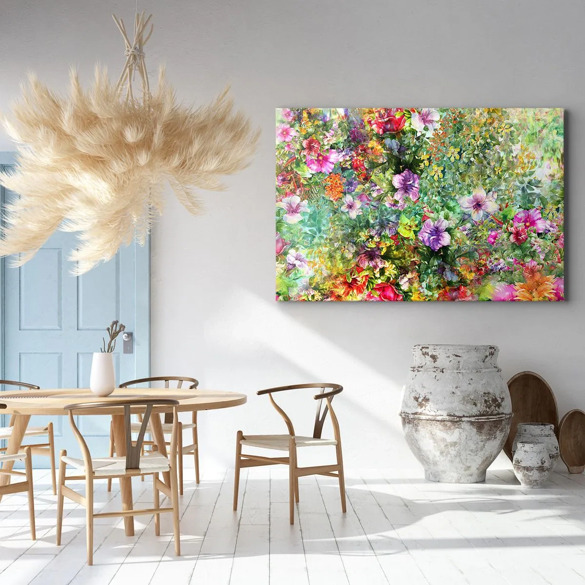 Vászonkép - Színes virágkompozíció zöld háttér előtt - 70x50cm - Virágokban a vesztünk - Modern fali dekoráció nappalihoz és hálószobához ARTTOR