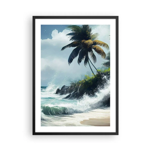 Poszter fehér keretben - Trópusi strand pálmafákkal és viharos óceánnal - 50x70cm - Egy trópusi parton - Modern fali dekoráció nappalihoz és hálószobához ARTTOR