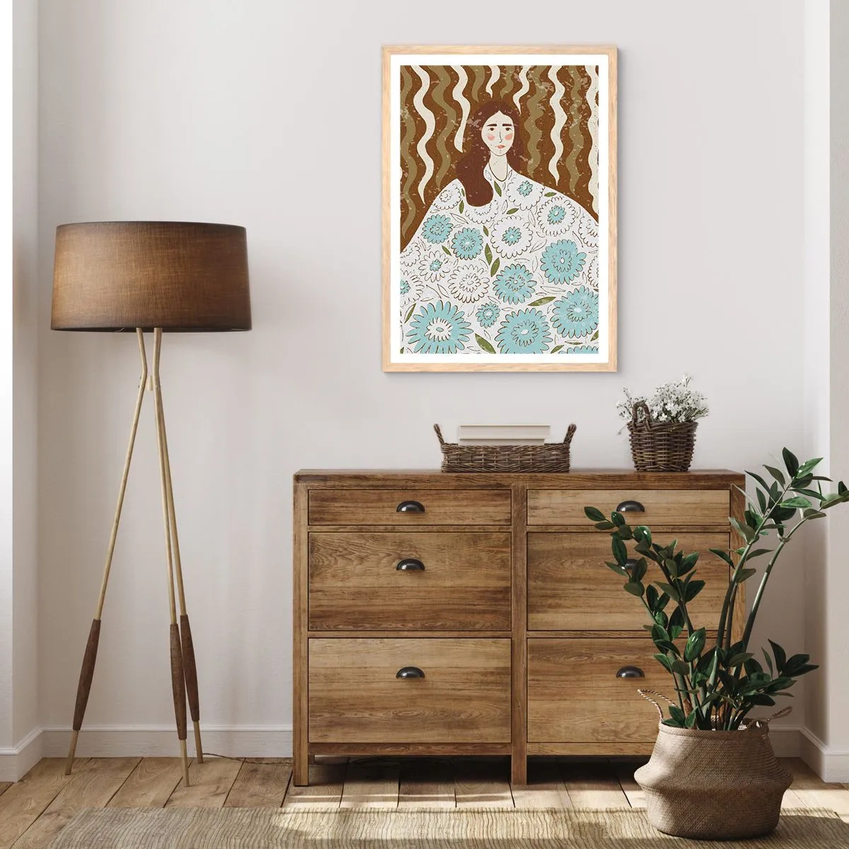 Poszter világos tölgy keretben - Portré virágos köntösben - 70x100 cm